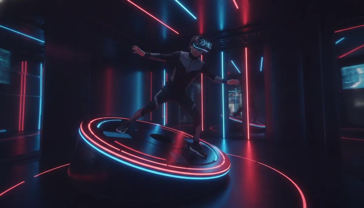Человек в VR-шлеме стоит на движущейся платформе аттракциона, руки раскинуты, вокруг тёмный неоновый зал