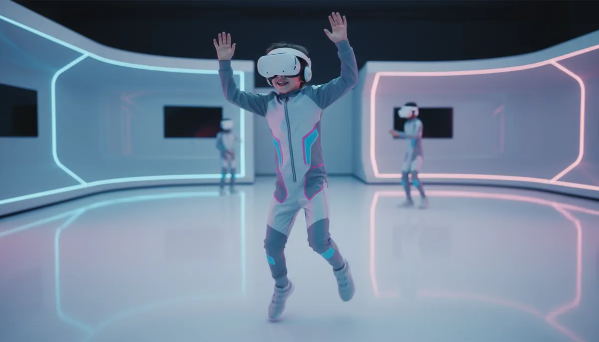 Ребёнок в VR-шлеме идёт по просторной арене со свободным перемещением, руки вытянуты вперёд